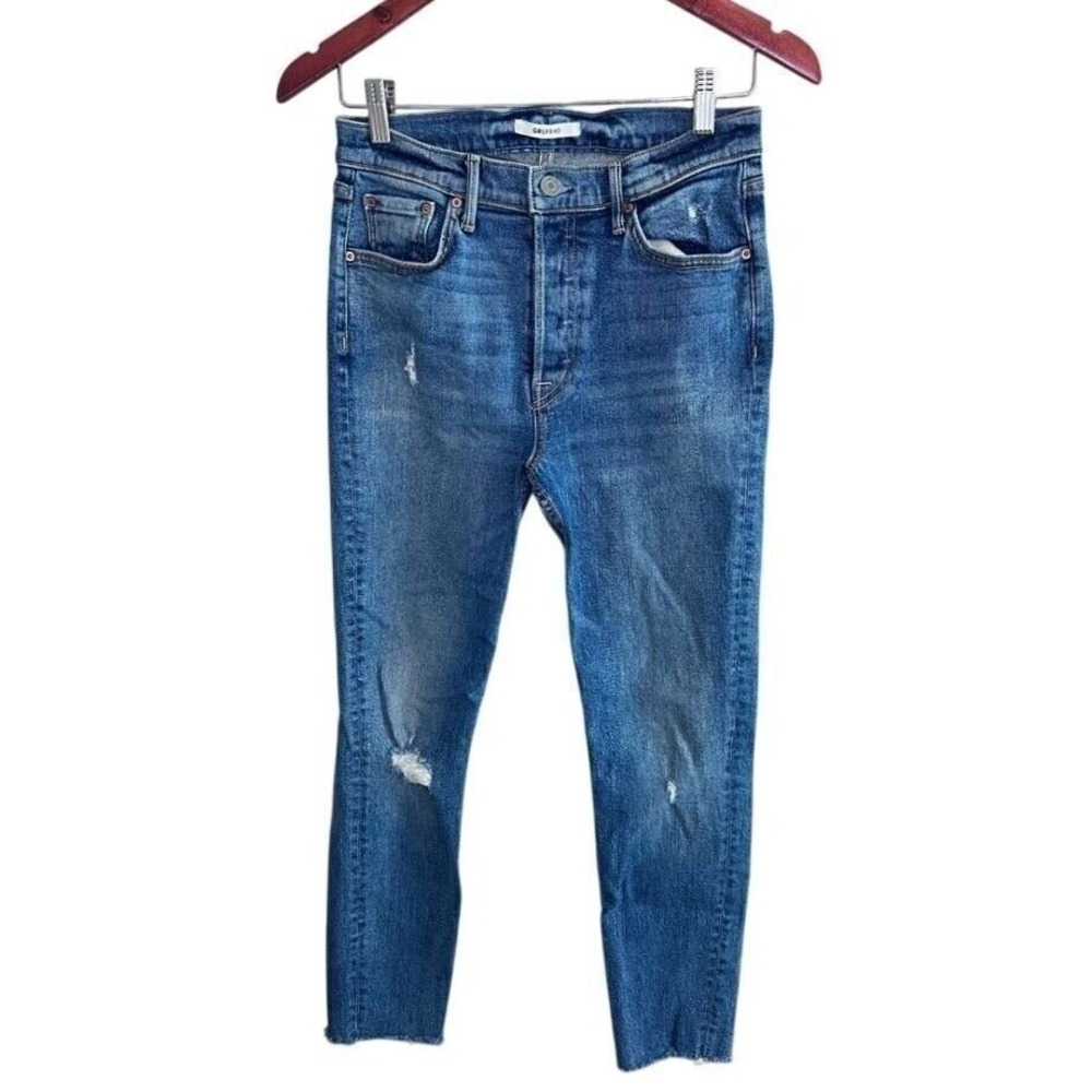 High-Rise Distressed Grlfrnd Karolina Straight Jeans with Raw Hem Size 27 - Picture 2 of 5